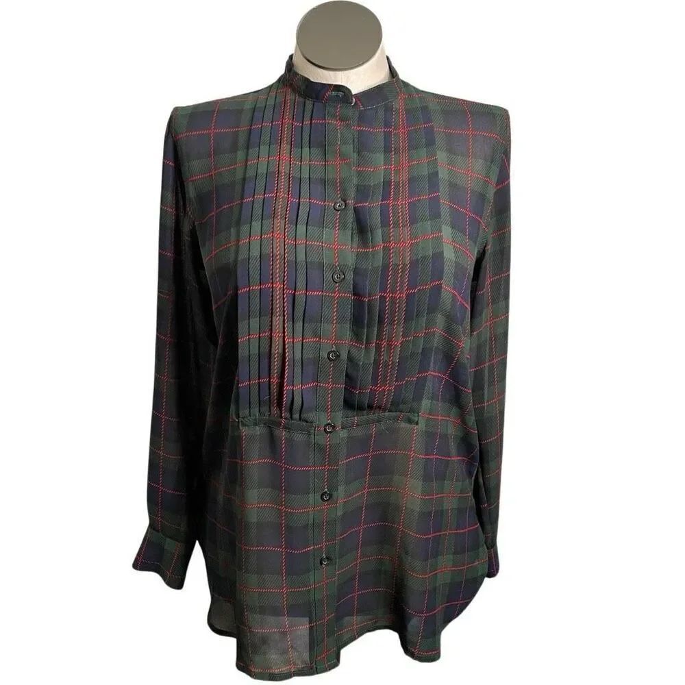 CHAPS Womens Chiffon Tunic M Preppy Tartan Plaid Pintucked Band Collar Holiday
